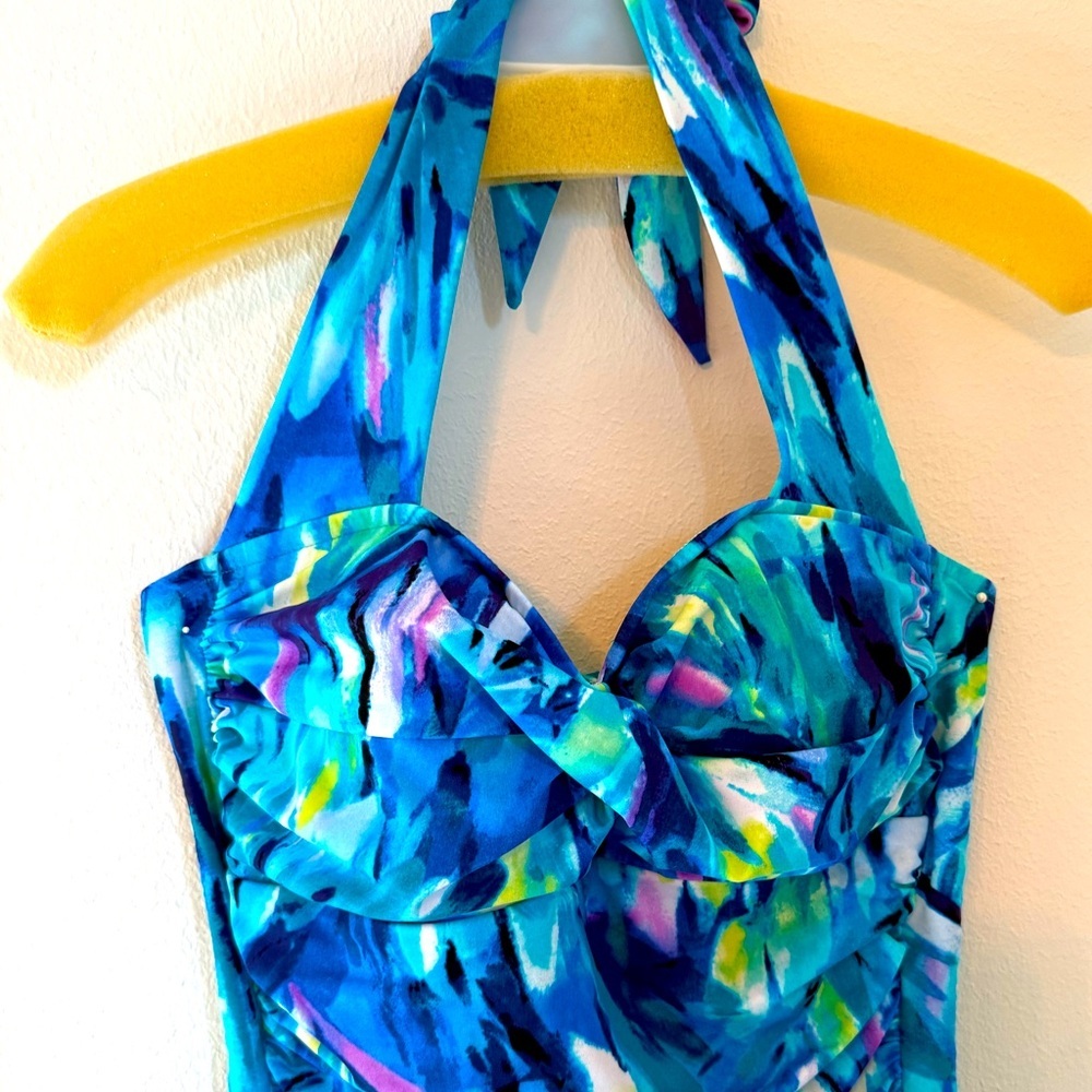 NWOT Vibrant Blue Multi Color Halter One Piece Swimsuit with skirt panel